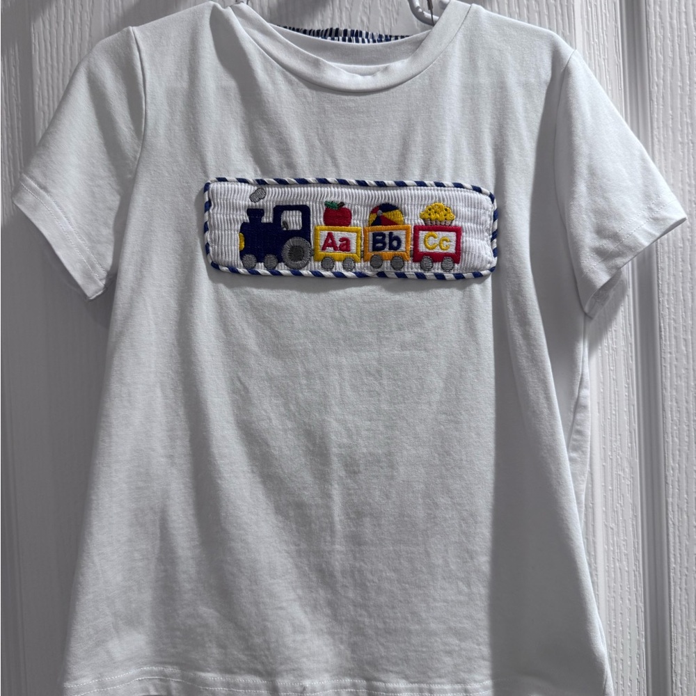Cactus White Short Sleeve Tee with Embroidered Train & Alphabet